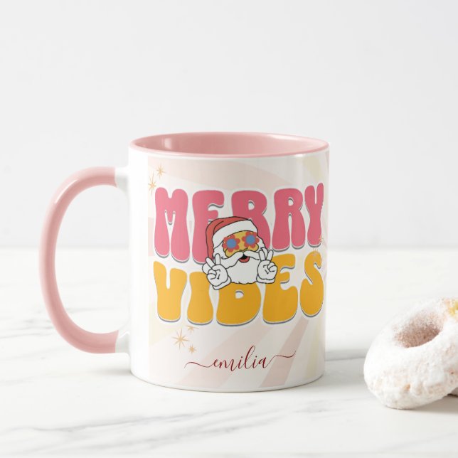 Pink Retro 70s Themed Merry Vibes Custom Name Mug (With Donut)