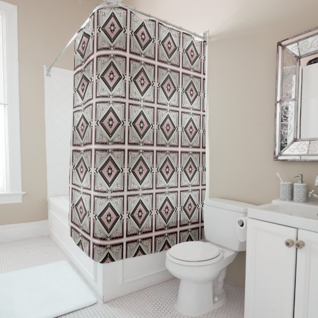 Pink Retro Art Deco Shower Curtain (In Situ)