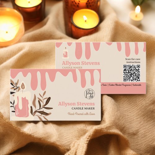 Pink retro artisanal candle maker logo qr code business card