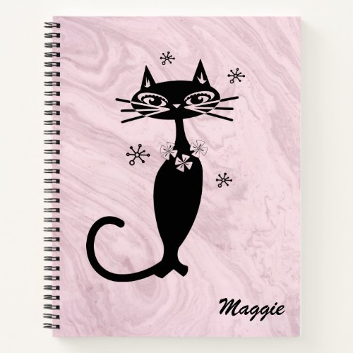 Pink Retro Atomic Cat Personalized Spiral Notebook