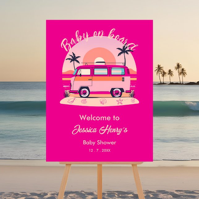 Pink Retro Baby on Board Baby Shower Welcome Sign (Creator Uploaded)