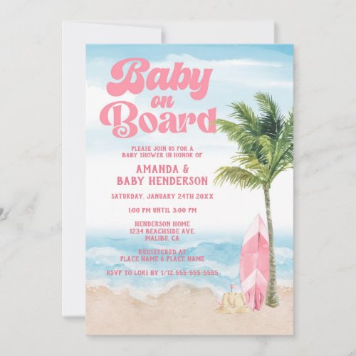 Pink Retro Baby On Board Surf Baby Shower Invitation