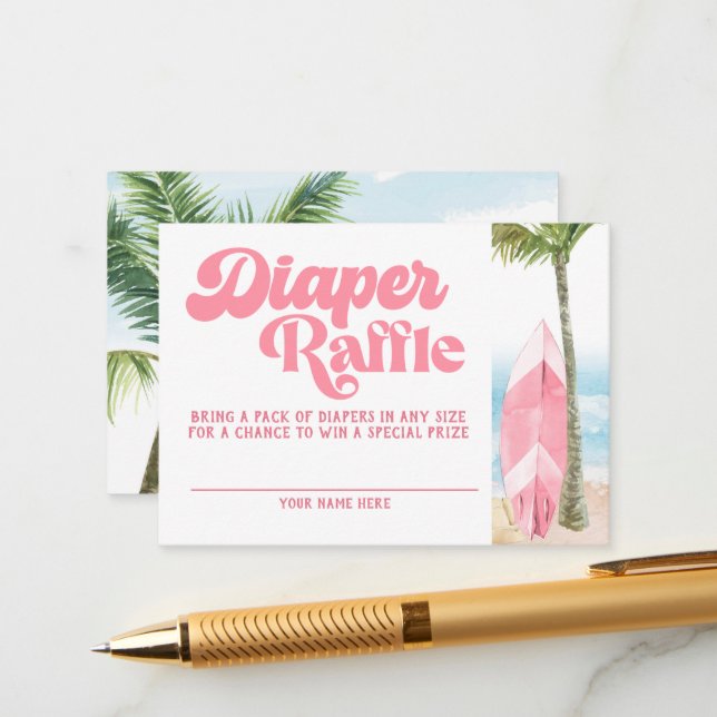 Pink Retro Baby On Board Surf Diaper Raffle Enclosure Card (Front/Back In Situ)