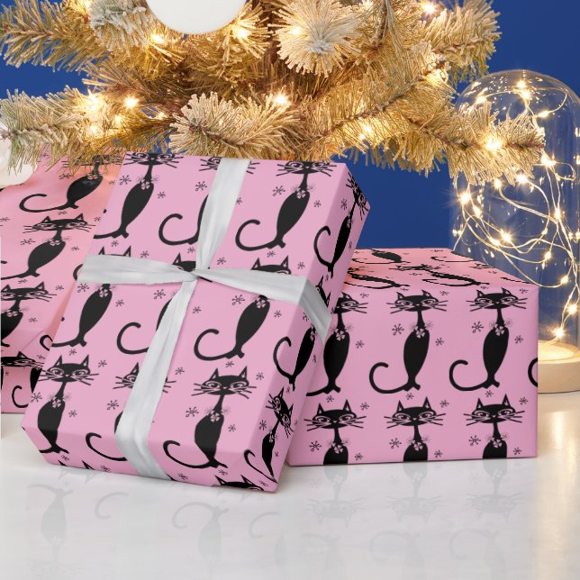 PINK RETRO BLACK CAT CHRISTMAS WRAPPING PAPER (Holidays)