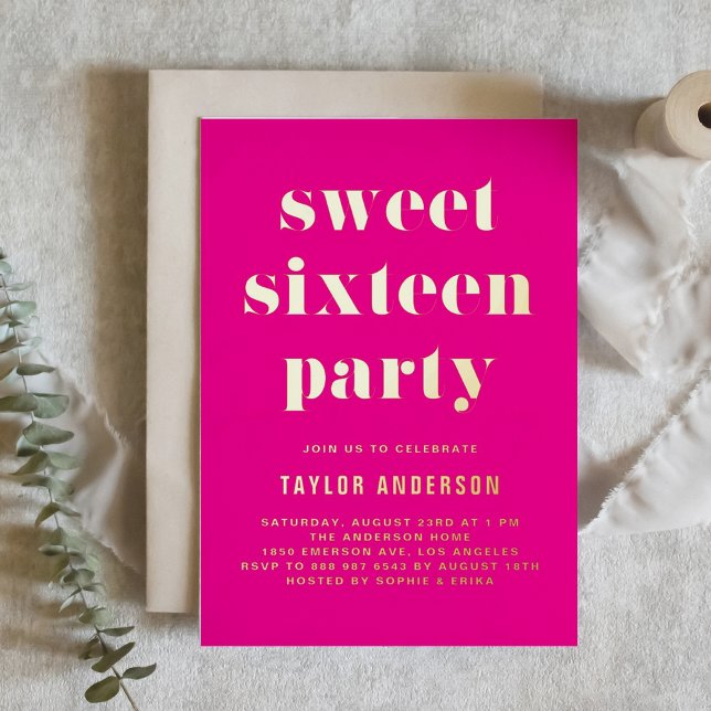 Pink Retro Bold Typography Sweet 16 Birthday Foil Invitation (Creator Uploaded)