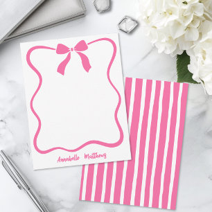 Pink Retro Bow Wavy Border Personalized Note Card