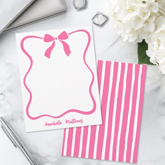 Pink Retro Bow Wavy Border Personalized Note Card (Pink Retro Bow Wavy Border Personalized Note Card)