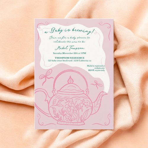 Pink retro bows teapot baby is brewing shower invitation