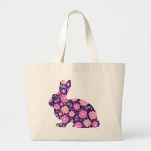 Pink Retro bunny rabbit and flowers Large Tote Bag