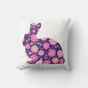 Pink Retro bunny rabbit and flowers Throw Pillow