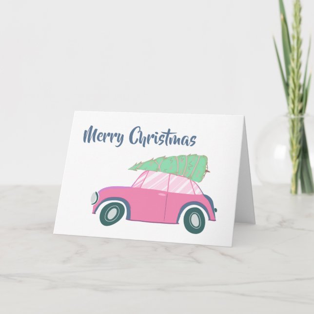 Pink Retro Car and Tree Whimsical Christmas Art Holiday Card (Front)