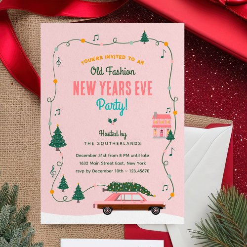 Pink Retro Car Old Fashion New Years Eve Party  Invitation