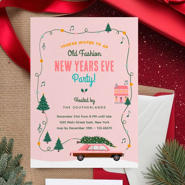 Pink Retro Car Old Fashion New Years Eve Party  Invitation (Pink Retro Car Old Fashion New Years Eve Party Invitation)