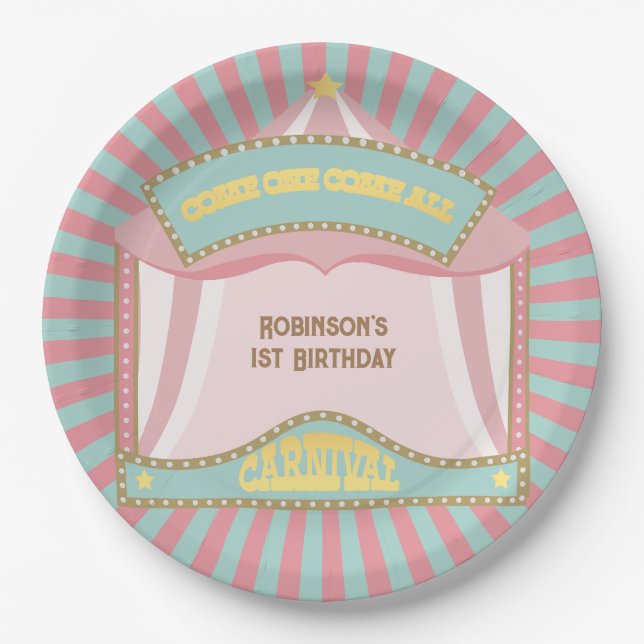 Pink Retro Carnival birthday invitations Paper Plates (Front)