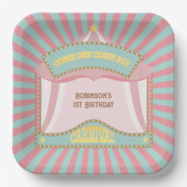 Pink Retro Carnival birthday invitations Paper Plates (Front)