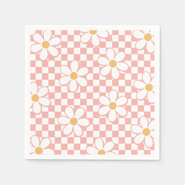 Pink Retro Checker Daisy birthday Napkins (Front)