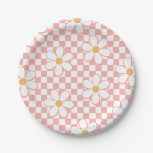 Pink Retro Checker Daisy birthday Paper Plates