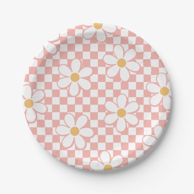 Pink Retro Checker Daisy birthday Paper Plates (Front)