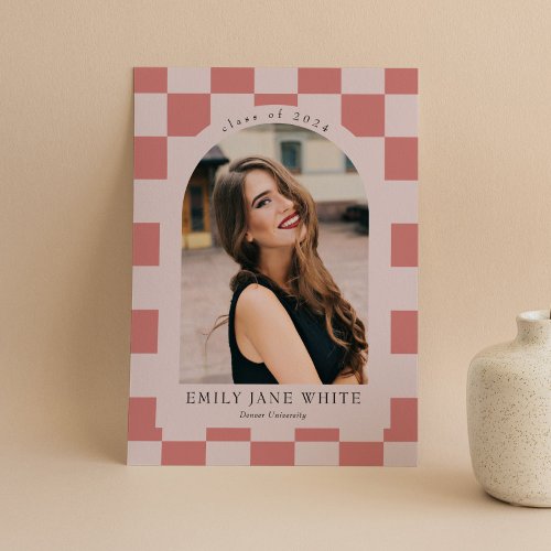 Pink Retro Checkered Arch Classic Photo Graduation Invitation