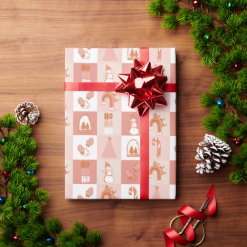 Pink Retro Checkered Candy Cane Snowman Tree Wrapping Paper