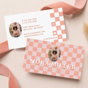 Pink Retro Checkered Pattern Content Creator Photo Business Card