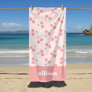 Pink Retro Cherries Custom Name Monogram Beach Towel