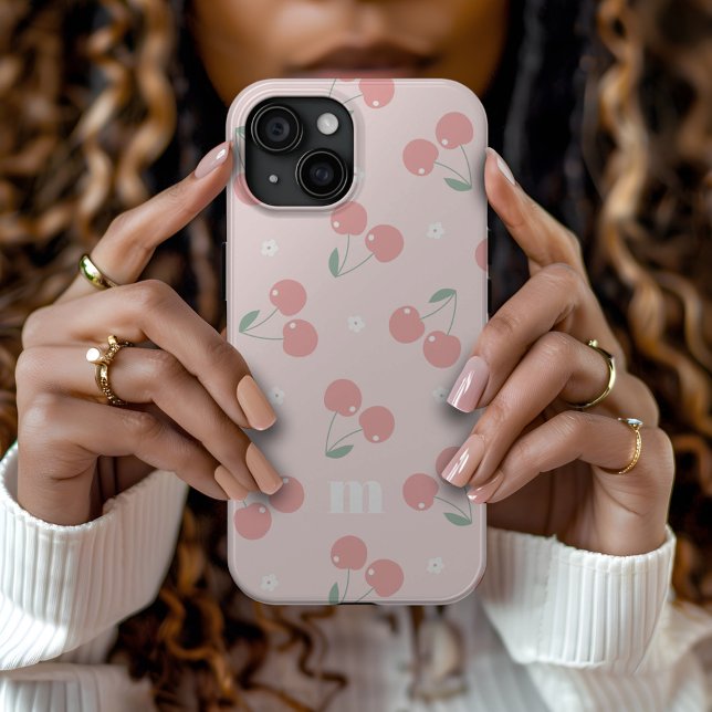 Pink Retro Cherries Custom Name Monogram Case-Mate iPhone Case (Creator Uploaded)