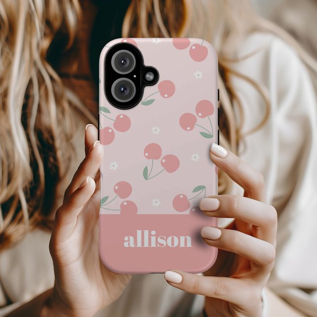 Pink Retro Cherries Custom Name Monogram Iphone Case (Creator Uploaded)
