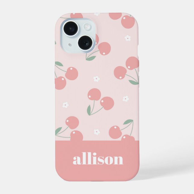 Pink Retro Cherries Custom Name Monogram Iphone Case (Back)