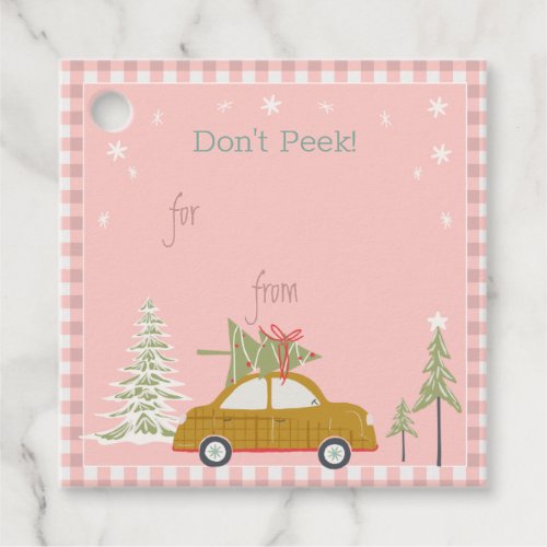 Pink Retro Christmas Car Woodland Gift Tag