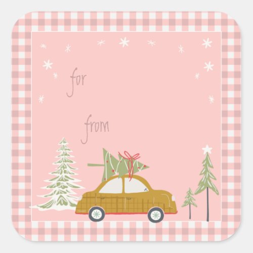 Pink Retro Christmas Car Woodland Gift Tag