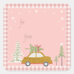 Pink Retro Christmas Car Woodland Gift Tag