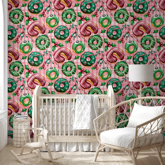 Pink Retro Christmas Donuts Pink Tartan Plaid Wallpaper (Kids)