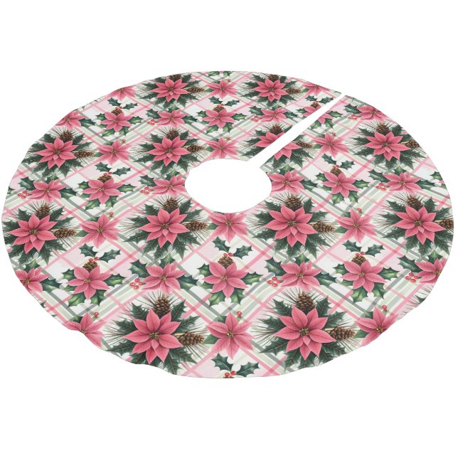 Pink Retro Christmas Floral Plaid Merry Christmas Brushed Polyester Tree Skirt (Angled)