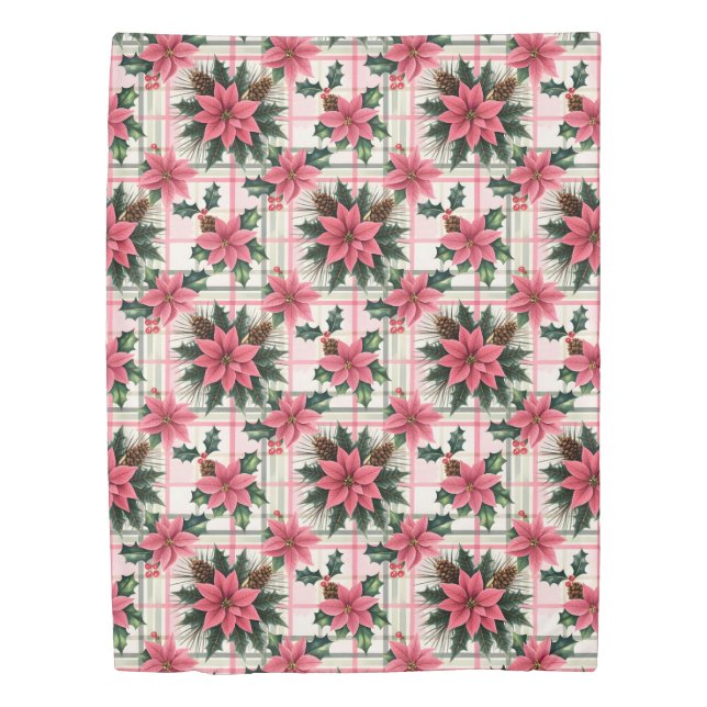 Pink Retro Christmas Floral Plaid Merry Christmas Duvet Cover (Front)