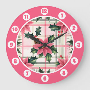 Pink Retro Christmas Floral Plaid Merry Christmas Large Clock