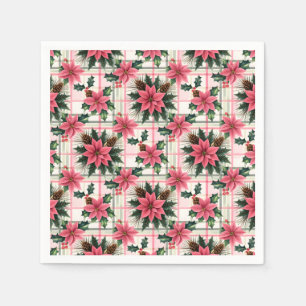 Pink Retro Christmas Floral Plaid Merry Christmas Napkins