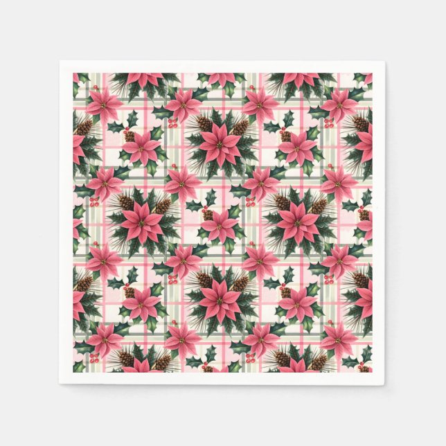 Pink Retro Christmas Floral Plaid Merry Christmas Napkins (Front)