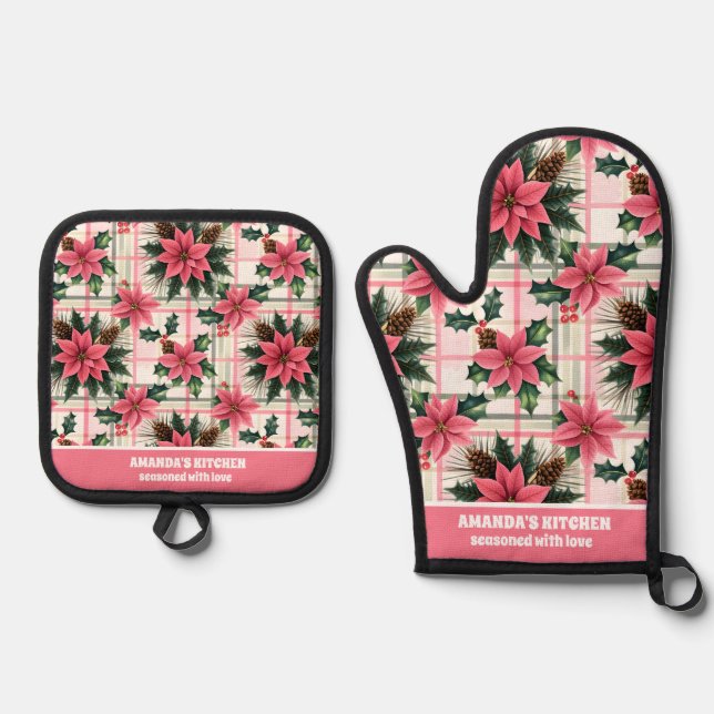 Pink Retro Christmas Floral Plaid Merry Christmas Oven Mitt & Pot Holder Set (Front)