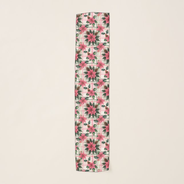 Pink Retro Christmas Floral Plaid Merry Christmas Scarf (Front)