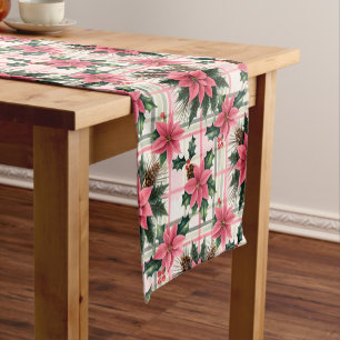 Pink Retro Christmas Floral Plaid Merry Christmas Short Table Runner