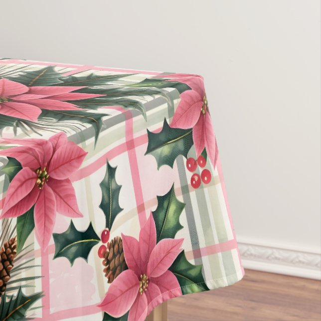 Pink Retro Christmas Floral Plaid Merry Christmas Tablecloth (In Situ)