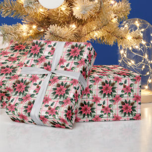 Pink Retro Christmas Floral Plaid Merry Christmas Wrapping Paper