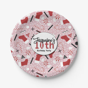Pink Retro Christmas Peppermint Birthday Paper Plates