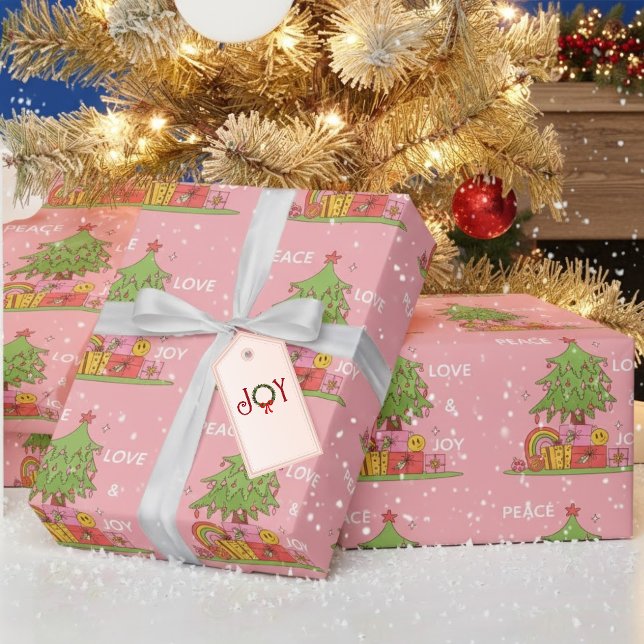 Pink Retro Christmas Tree Peace Love Joy Wrapping Paper (Creator Uploaded)