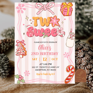 Pink Retro Christmas Winter Two Sweet Birthday Invitation