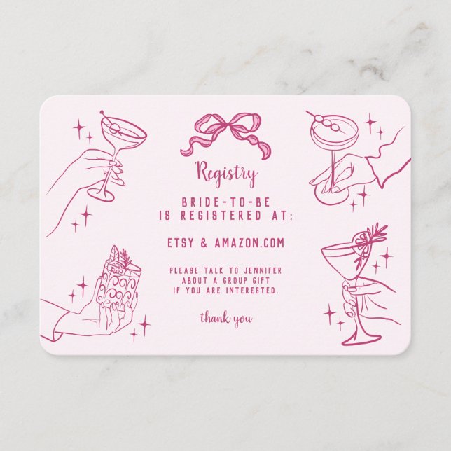 Pink Retro Cocktail Party Bridal Registry Insert (Front)