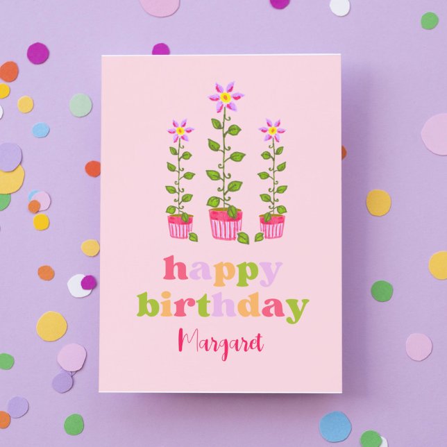 Pink Retro Colorful Floral Personalized Birthday Card (This boho pink birthday card makes the guest of honor smile!)