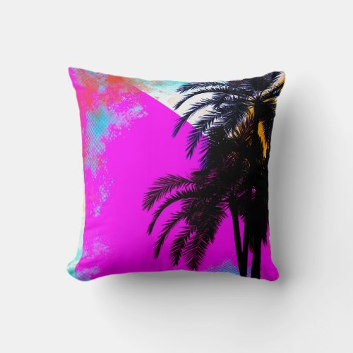 Pink Retro Colorful Summertime Beach Palm Trees Throw Pillow