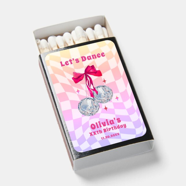 Pink Retro Coquette Bow Disco Balls Birthday Matchboxes (Front Open)